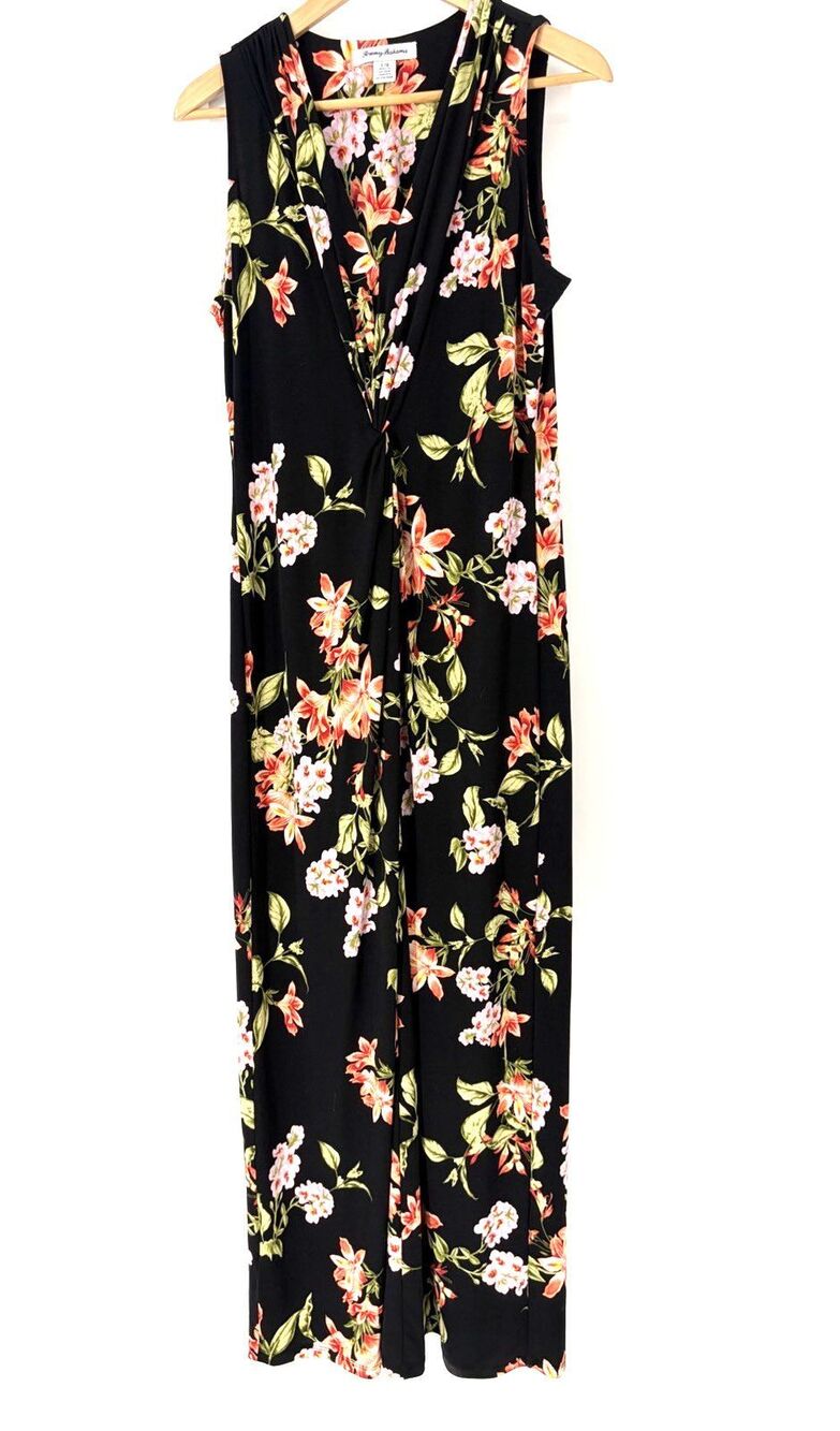 Tommy Bahama Dress Large Womens Black Tropical Floral Twist Front Maxi Resort